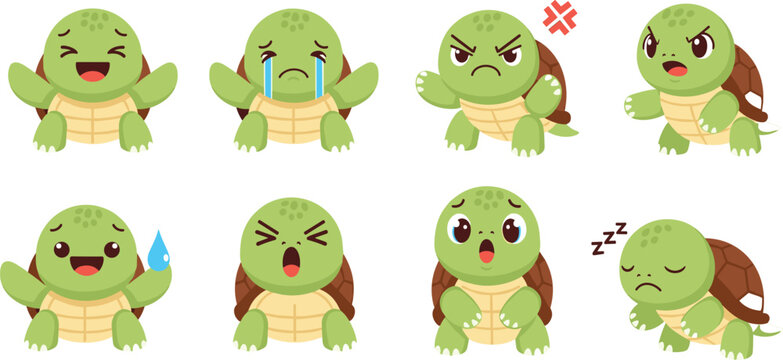 Set of eight cartoon turtles with expressive emotions including happy, sad, angry and sleeping for children&rsquo;s educational vector design projects