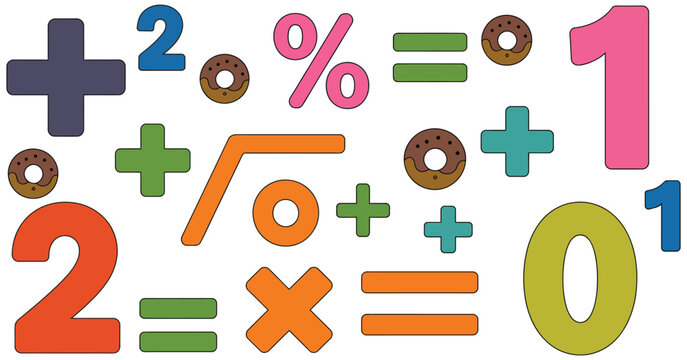 Math symbols and numbers colorful education school mathematic vector illustration, bright arithmetic signs and numeric characters for learning materials, classroom posters, children education design 