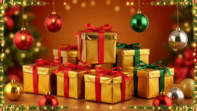 Holiday scene featuring a stack of gold Christmas gifts with ribbons and hanging ornaments against warm colored background