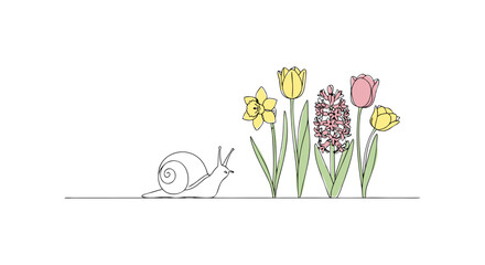 A cute, minimal line art illustration capturing the essence of spring with a snail and blooming flowers © Beny Qurdy