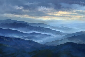 Obraz premium Misty Mountain Range at Dusk With Soft Golden Light Breaking Through Clouds Over a Valley Floor With Distant City Lights Below