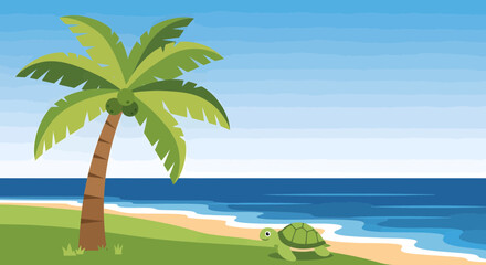 Obraz premium A cute cartoon turtle on a tropical beach.
