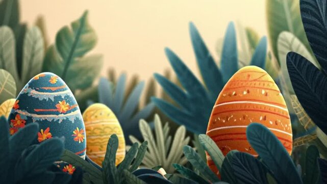 Cute Easter Bunny and Colorful Decorated Eggs in a Lush Garden