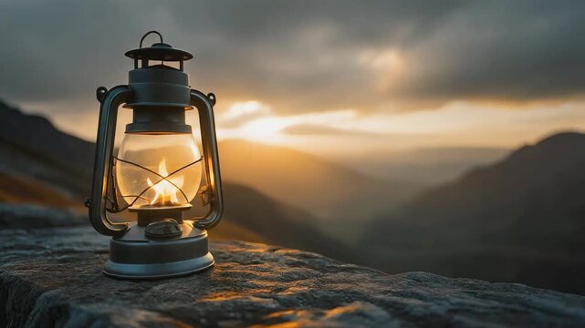 Vintage lantern glowing on a rocky mountain ledge at sunset, illuminating the path.