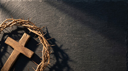 Crown of Thorns and Wooden Cross Flat Lay Good Friday Christian Symbol