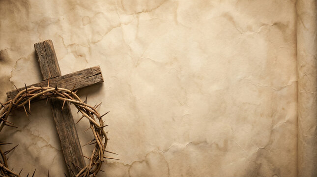 Crown of Thorns and Wooden Cross on Vintage Background Good Friday Concept