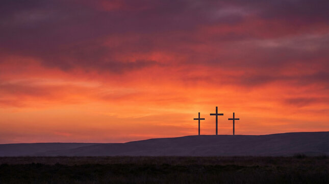 Silhouette of Three Crosses at Sunset Good Friday Christian Background