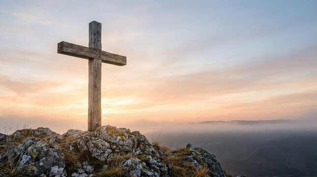 Wooden Cross on Hill at Sunrise Christian Good Friday Symbol with Copy Space