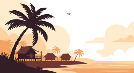 Obraz premium Tropical Beach Huts Under Palm Trees.