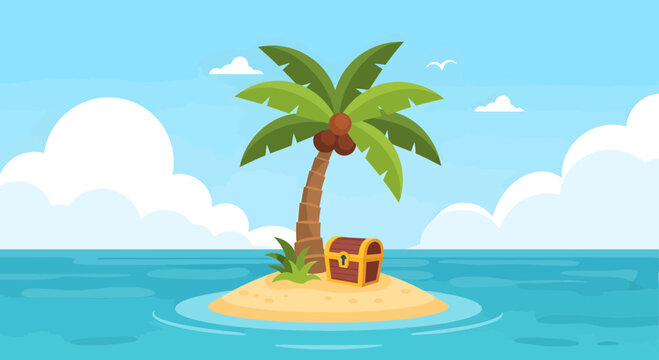 Treasure Chest on a Deserted Island with Palm Tree.