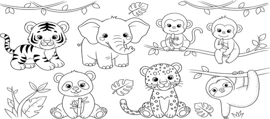 Fototapeta premium Cute Cartoon Jungle Animals Outline Collection with Tiger, Elephant, Monkey, Panda, Leopard and Sloth, Adorable Wildlife Line Art Set for Kids Coloring