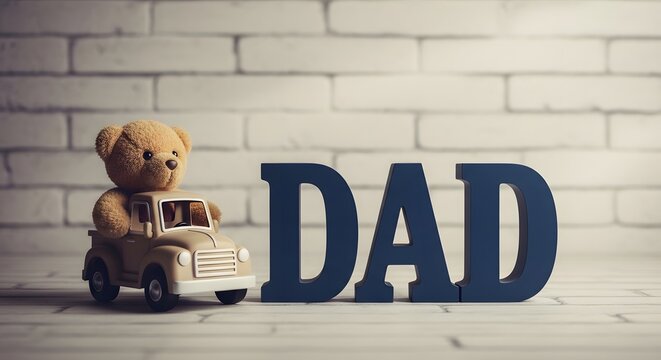Heartwarming father's day scene with toy figure and dad sign on white brick background