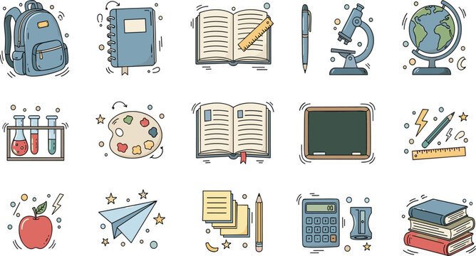 School Education Doodle Icon Collection with Backpack, Books, Notebook, Microscope, Globe, Calculator, Paper Plane and Classroom Supplies Vector Set.