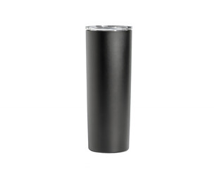 A sleek matte black stainless steel travel tumbler with a clear plastic lid for beverage storage