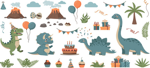 Cute Cartoon Dinosaur Birthday Party Collection with T Rex, Triceratops and Stegosaurus, Volcano, Balloons, Cake, Gifts and Prehistoric Celebration Elements © Imran