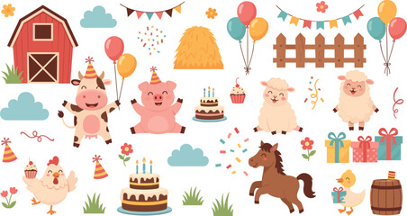 Cute Cartoon Farm Animals Birthday Party Collection with Cow, Pig, Sheep, Horse, Chicken and Duck, Barn, Balloons, Cakes and Celebration Elements