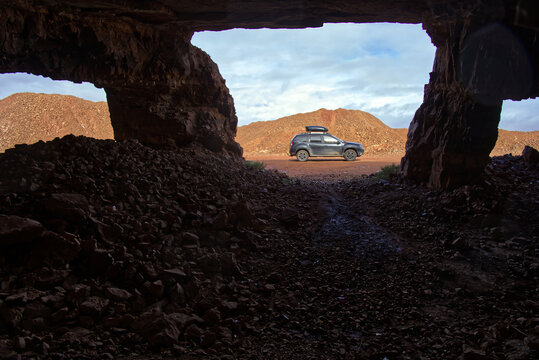 Midelt, morocco, january 15, 2026: Dacia duster SUV in front of the entrance of mibladen mines
