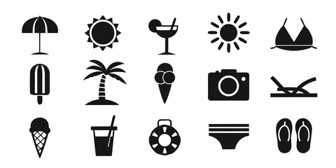 Black silhouette icons representing various summer vacation and beach elements © Bebdas