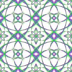 Abstract rainbow colorful geometric seamless pattern background with overlapping neon circles and symmetrical petal shapes, vibrant futuristic kaleidoscope ornament on white for textile and digital cr