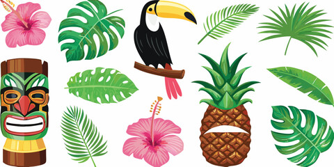 Fototapeta premium A vibrant collection of tropical flowers a toucan and tiki decorations