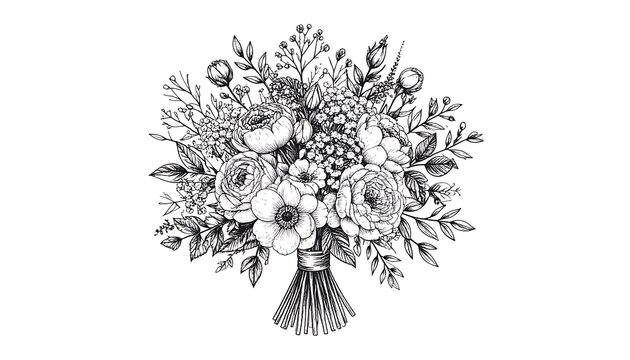 Detailed black and white floral bouquet illustration (2)