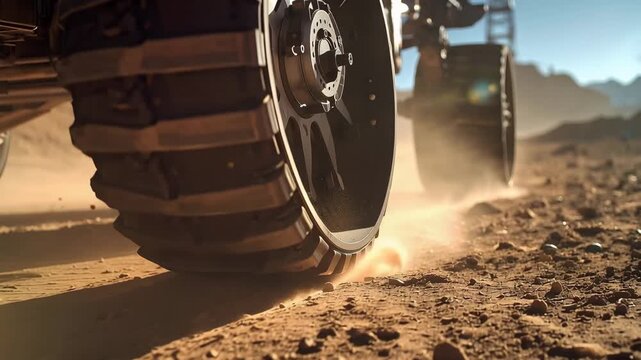 Rolling Wheels on Martian Terrain: The close-up shot captures the powerful wheel of an exploration rover as it navigates the dusty expanse of a new planet.