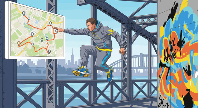 Young man parkour athlete planning route on map.