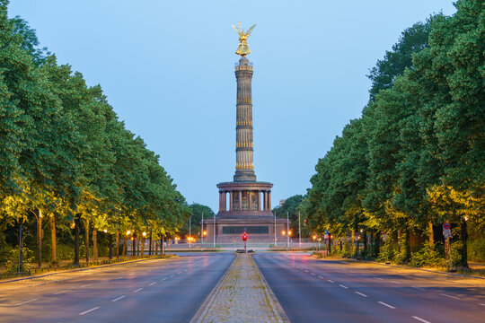 Berlin Victory Column at dawn seen across the street. Germany