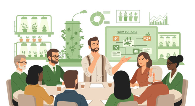 Team meeting discussing vertical farming innovation.