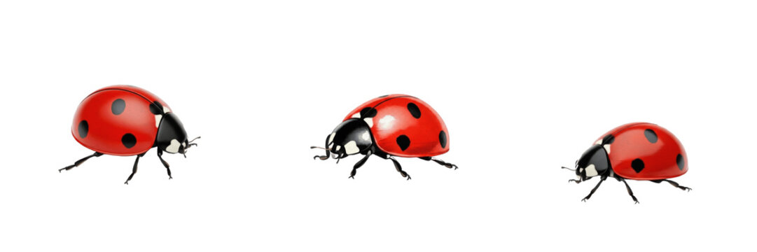 Set of red ladybug beetle insects with black spots isolated on white background, PNG, Oil Paint