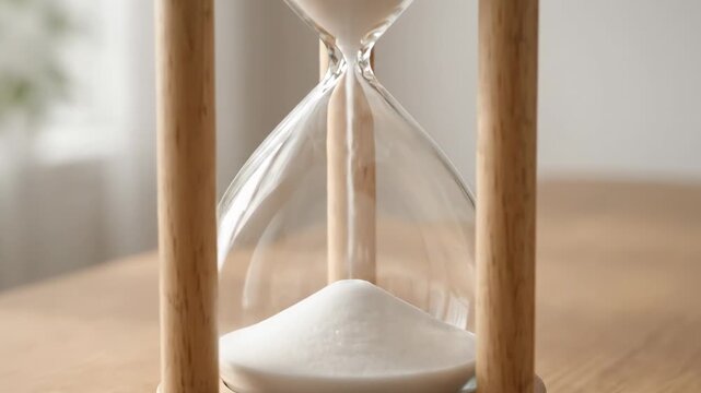 Sanduhr mit flie&szlig;endem wei&szlig;en Sand auf einem Tisch in einem hellen, sonnigen Raum