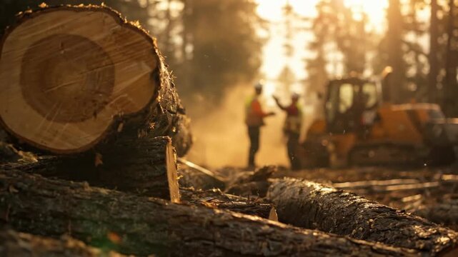Felled tree trunks in the foreground with unrecognizable loggers talking in the blurred background.