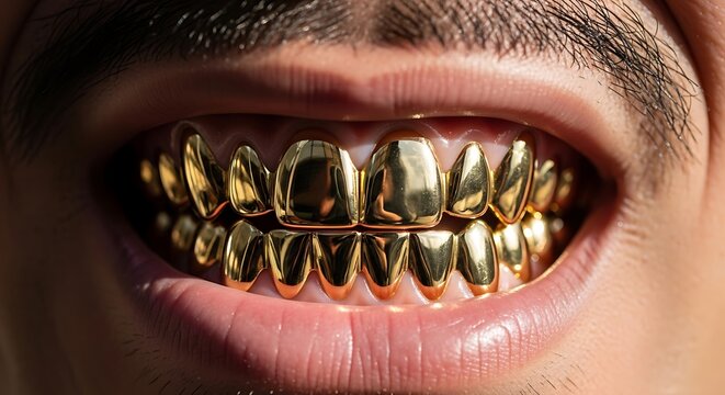 Close-up of mouth with golden teeth, showing upper and lower grill, smiling slightly