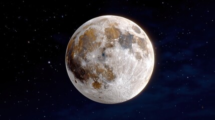 Detailed view of the Moon with craters and maria against a starry night sky.