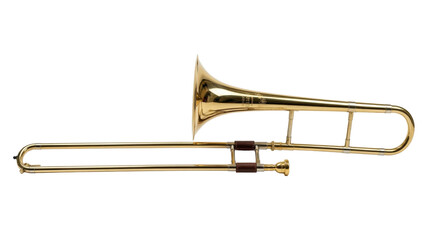 Obraz premium Shiny golden brass trombone slide instrument, perfect for jazz band music illustrations, classical orchestra graphics, and concert festival designs isolated on a clean transparent background.