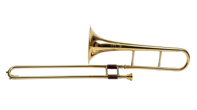 Shiny golden brass trombone slide instrument, perfect for jazz band music illustrations, classical orchestra graphics, and concert festival designs isolated on a clean transparent background.