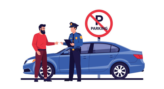 Police officer issuing a parking violation fine to a car owner near a no parking sign.