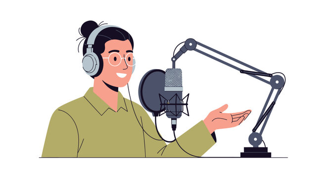 Smiling podcaster wearing headphones speaks into a professional studio microphone on a broadcast arm