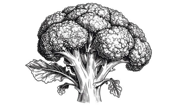 Detailed black and white illustration of a broccoli head