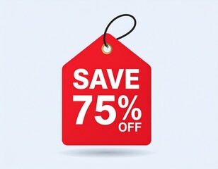 Red price tag with Save 75 percent discount label isolated on light background, retail promotion concept for shopping sale and marketing advertising.