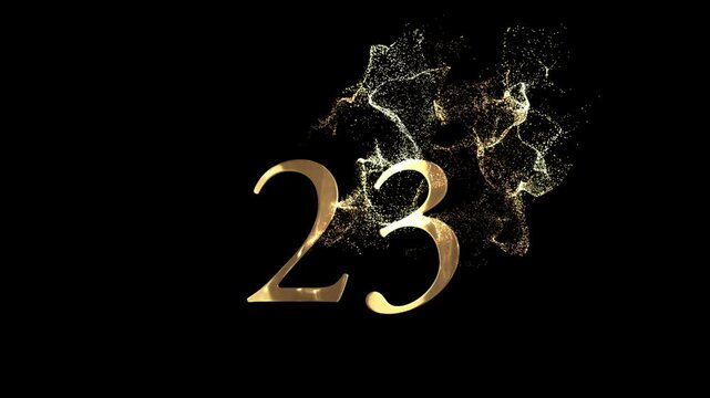 Golden number 23 from particles, numbering, twenty three, golden numbers, alpha channel, numerology, beautiful golden numbers with particles on a transparent background