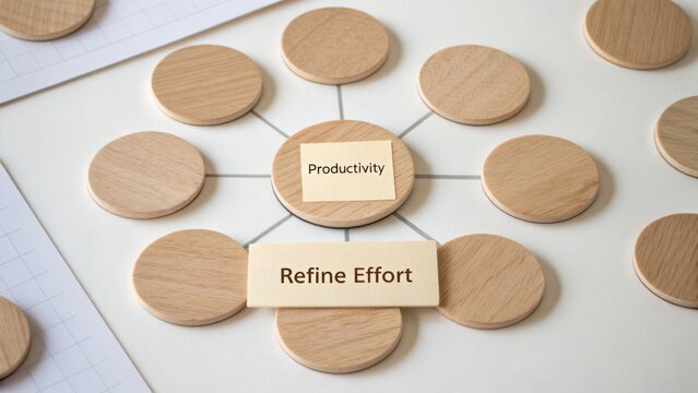 Creative Mind Map Concept Focused on Productivity and Refining Efforts with Wooden Circles on a Light Background