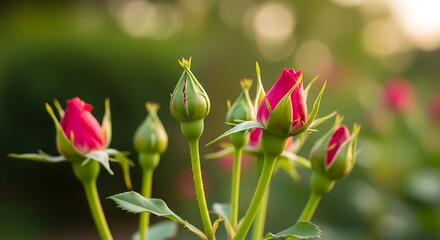 Close-up of vibrant pink rose buds with soft focus green background