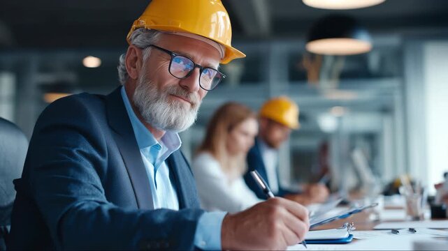Senior construction professional leading project planning meeting