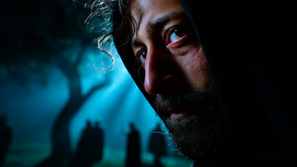 Judas Iscariot betrays Jesus in the Garden of Gethsemane.