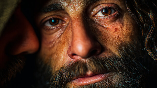 Judas Iscariot, who betrayed Jesus Christ for 30 pieces of silver. Judas kisses Jesus Christ.