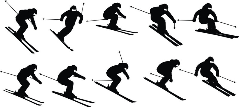 Collection of ten black silhouettes of a skier in various downhill poses with poles and goggles isolated on white background