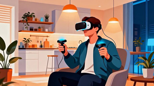 Man using VR headset in living room