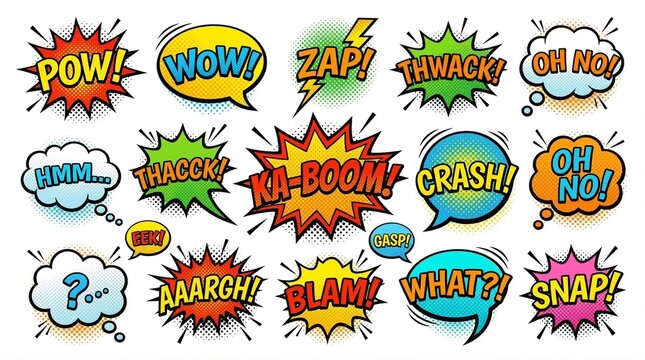 A vibrant collection of comic book style speech bubbles and sound effects featuring exclamations like POW, WOW, ZAP, and KA-BOOM.