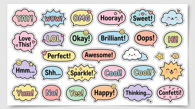 Colorful cartoon speech and thought bubble stickers featuring various positive expressions and cute faces.